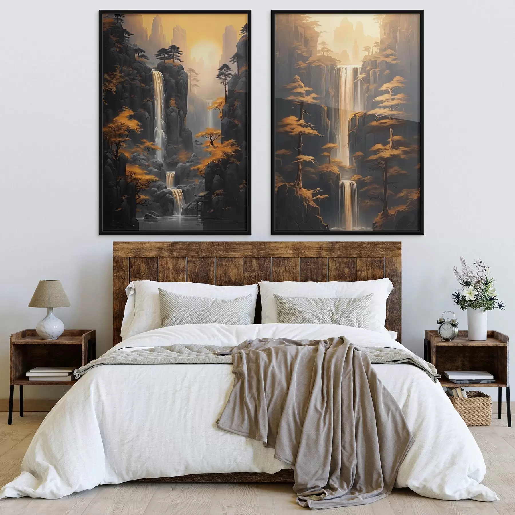 fotószőnyeg Táj vízeséssel és hegyekkel aranyfényben d00928