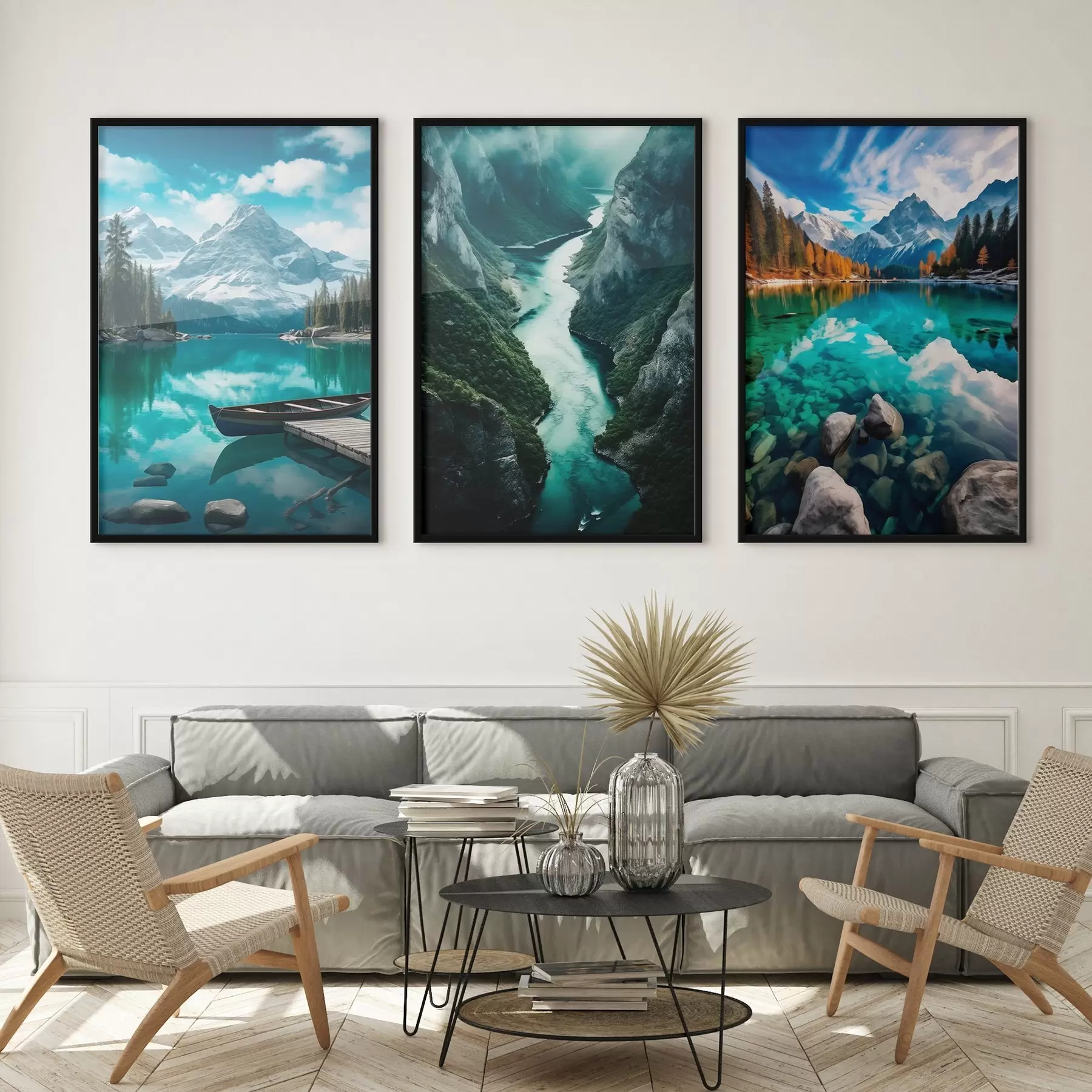 fotószőnyeg Alpesi tavak és fjordok látványa hűvös türkizkék árnyalatokban d00961