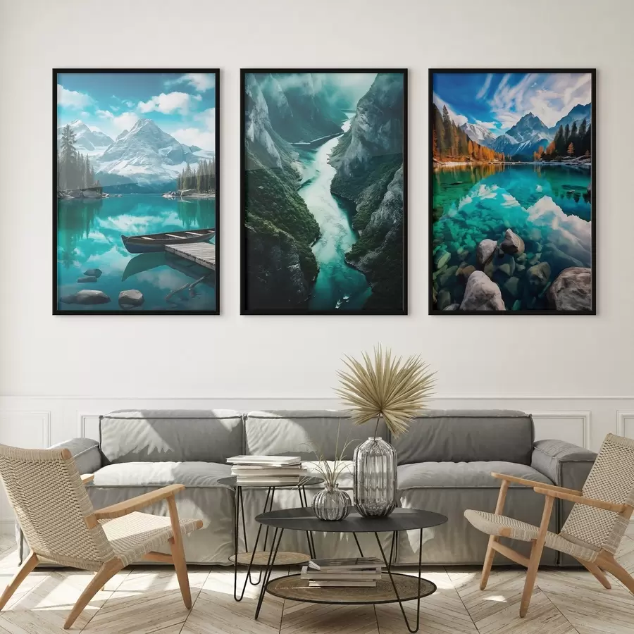 fotószőnyeg Alpesi tavak és fjordok látványa hűvös türkizkék árnyalatokban d00961