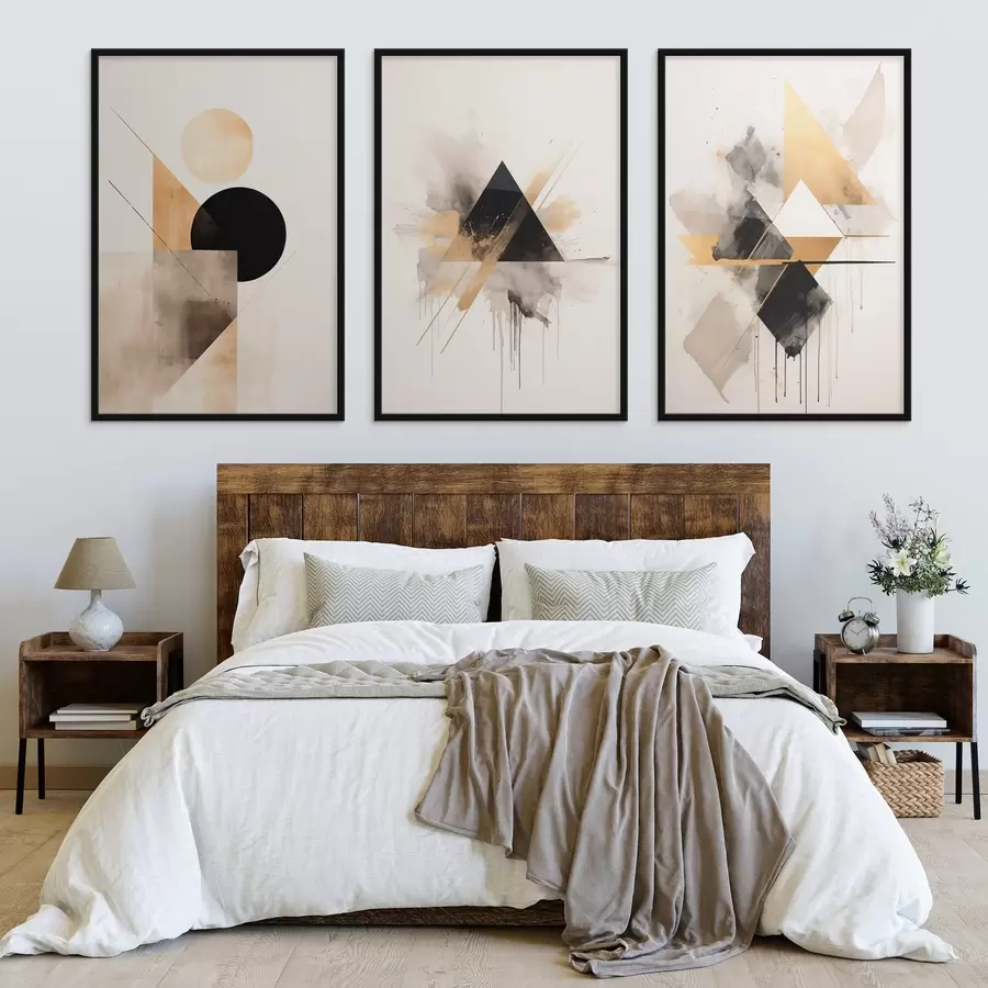 fotószőnyeg Geometrikus háromszögek tintacseppekkel, fekete és okker színben d00963