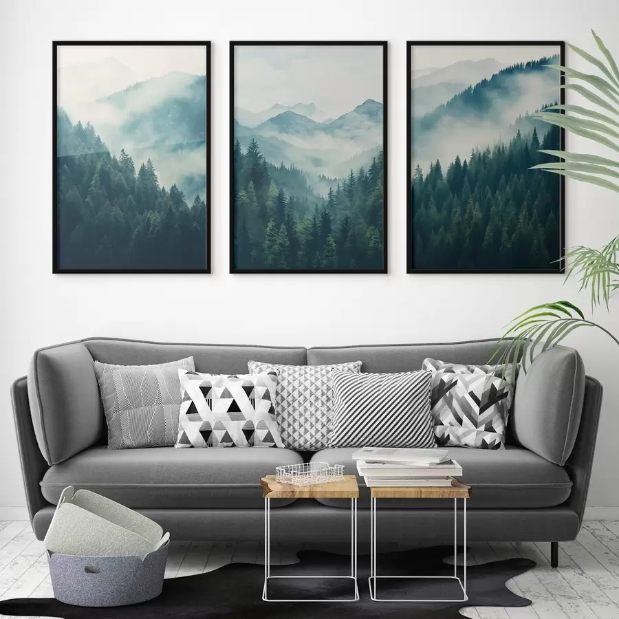 fotószőnyeg A ködös fenyőhegyek lágy zöld és kék színekkel borítottak d00964