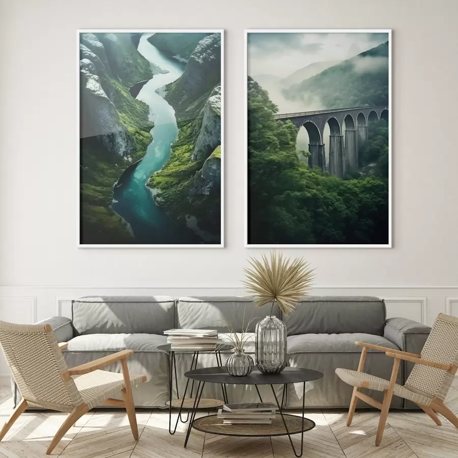 fotószőnyeg Légi folyó kanyon és ködös viadukt a zöld dombok között d00967