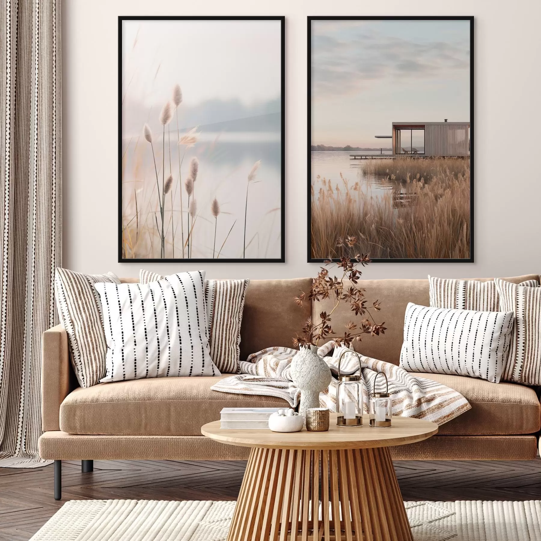 fotószőnyeg Lágy nádasok egy csendes tó partján és modern kunyhó a parton d00970