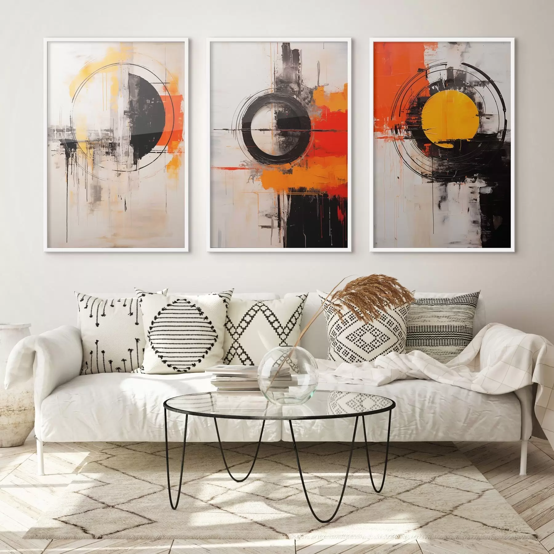 fotószőnyeg Texturált körök és merész vonások feketében, okkerben, narancssárgában d00974