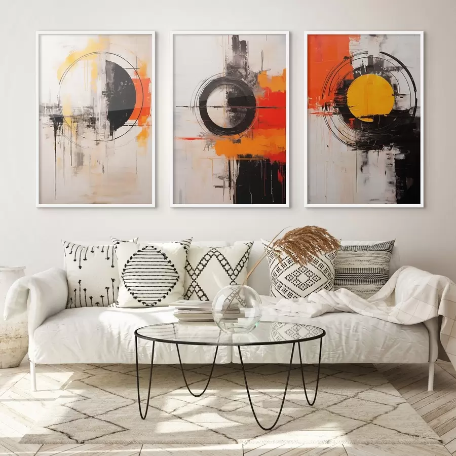 fotószőnyeg Texturált körök és merész vonások feketében, okkerben, narancssárgában d00974