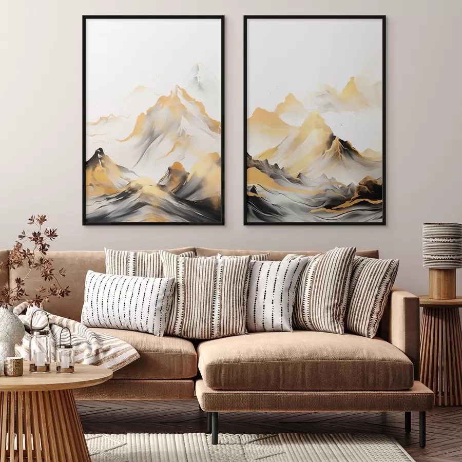 fotószőnyeg Texturált sárga és fekete hegyek havas csúcsokkal, tusfestés stílusban, minimalista hegylánc d01002