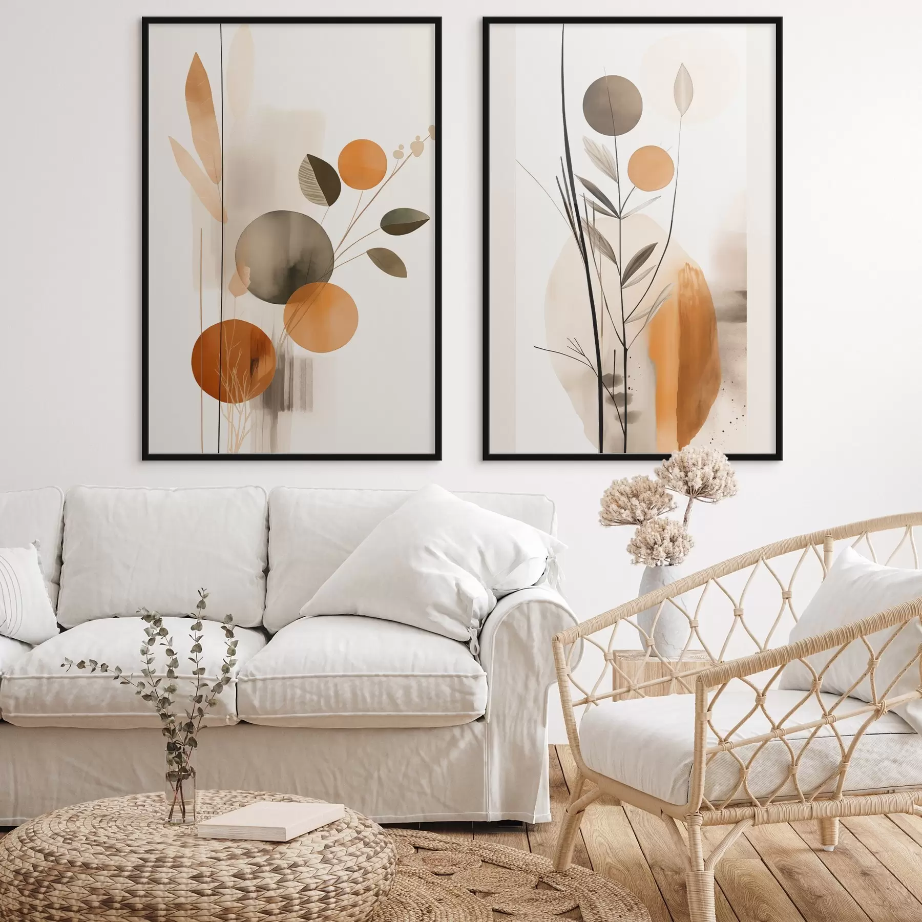 fotószőnyeg Absztrakt festmény utánzat narancssárga és szürke körökkel, levelekkel és ágakkal, modern stílusban, akvarellhatással d01009