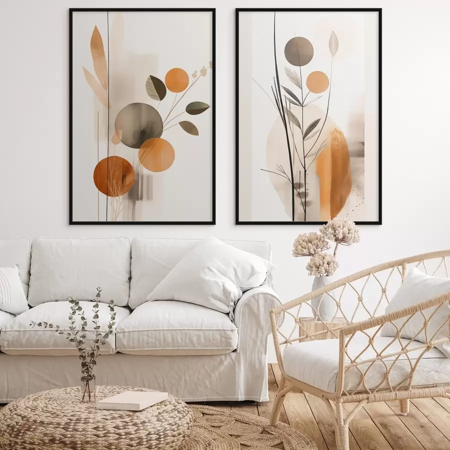 fotószőnyeg Absztrakt festmény utánzat narancssárga és szürke körökkel, levelekkel és ágakkal, modern stílusban, akvarellhatással d01009