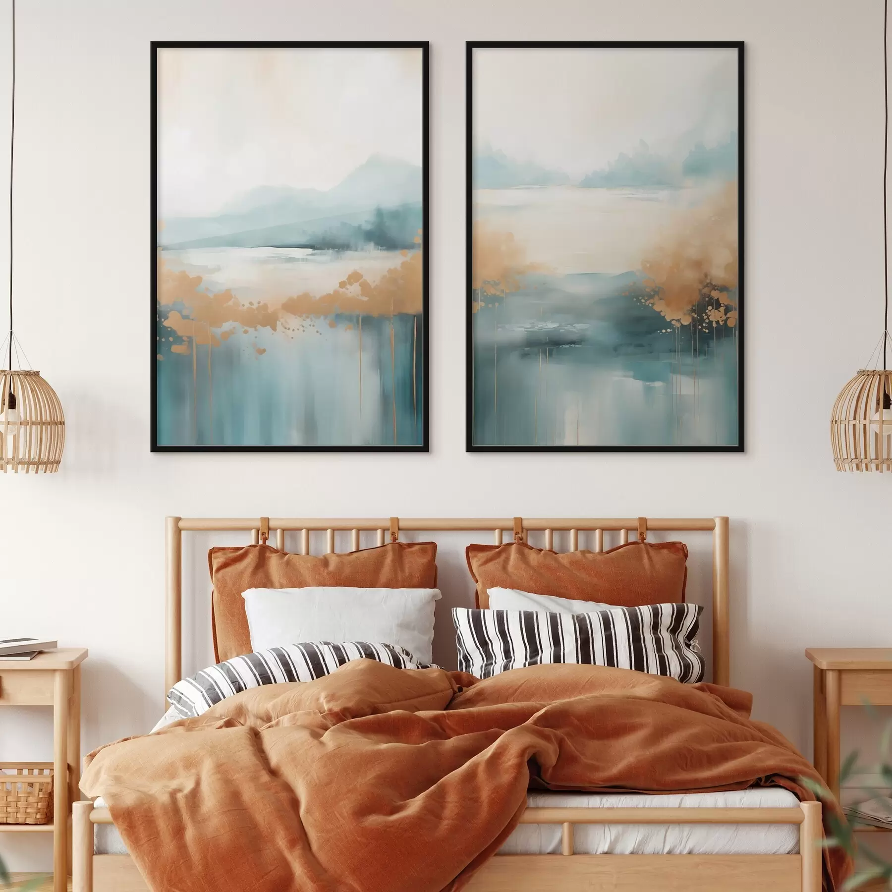 fotószőnyeg Absztrakt táj hegyekkel és tóval, türkizkék és texturált sárga színekkel, lágy ecsetvonásokkal, minimalista műalkotás d01012