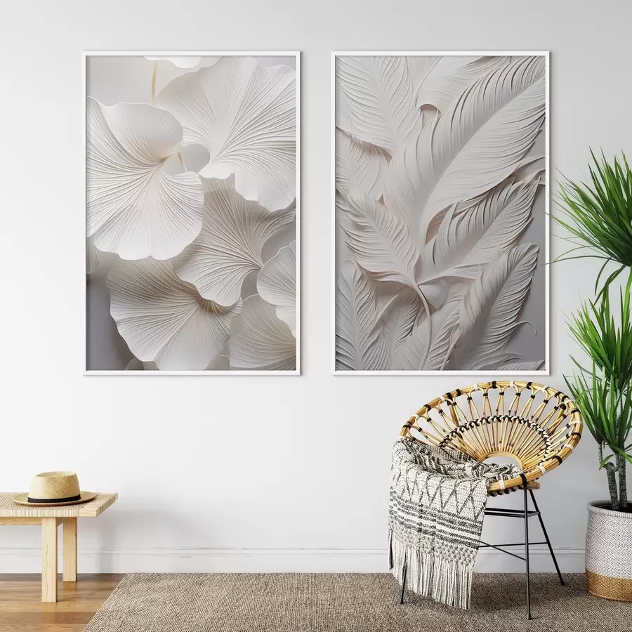 fotószőnyeg Fehér ginkgo levelek és hosszú levelek bonyolult részletekkel, texturált és réteges hatást keltve, minimalista művészet d01013