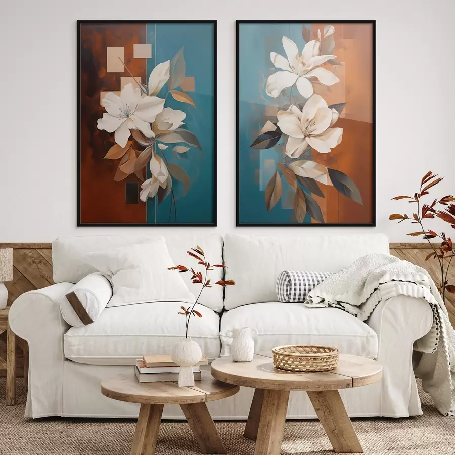 fotószőnyeg Absztrakt fehér virágok és levelek barna és kék háttérrel, absztrakt formákkal, minimalista stílusban. d01015