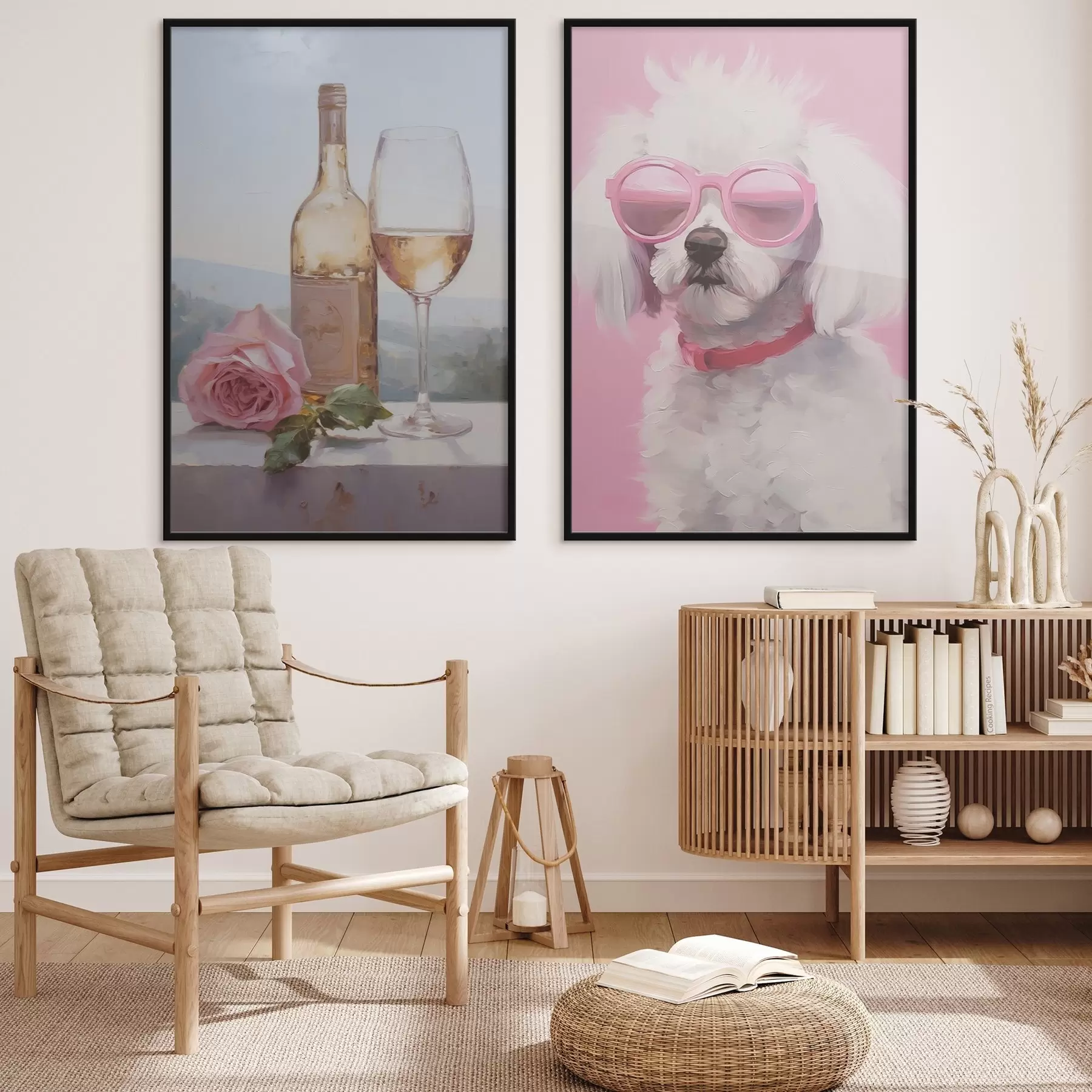 fotószőnyeg Egy üveg és egy pohár bor, valamint egy szemüveges pudli, utánzat festmény d01021