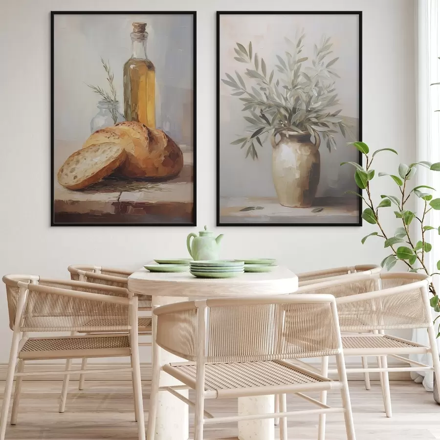 fotószőnyeg Olajágak vázában, kenyér és egy üveg olaj, festménymásolat d01035