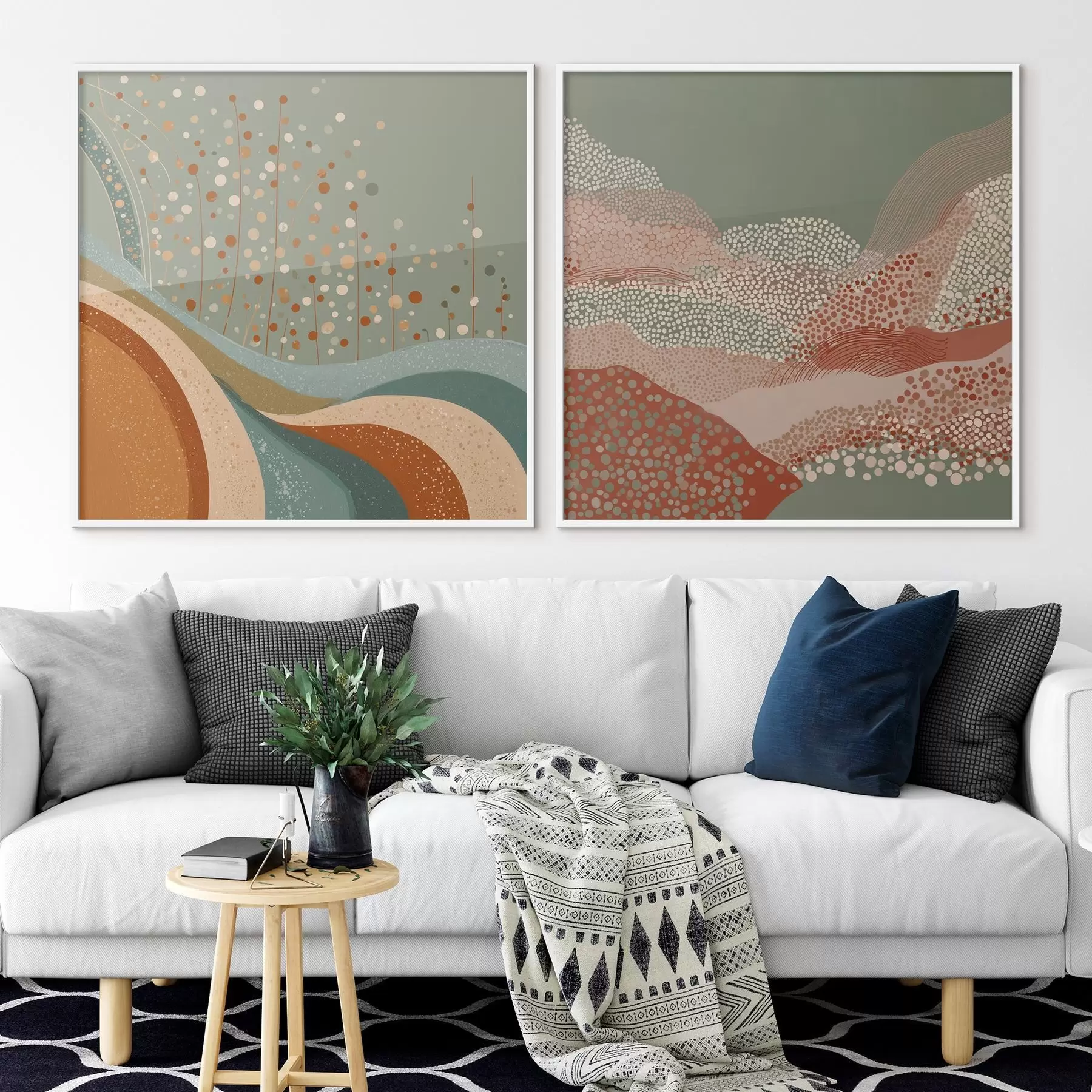 fotószőnyeg Kétrészes absztrakt táj pontokkal és hullámzó elemekkel d00987