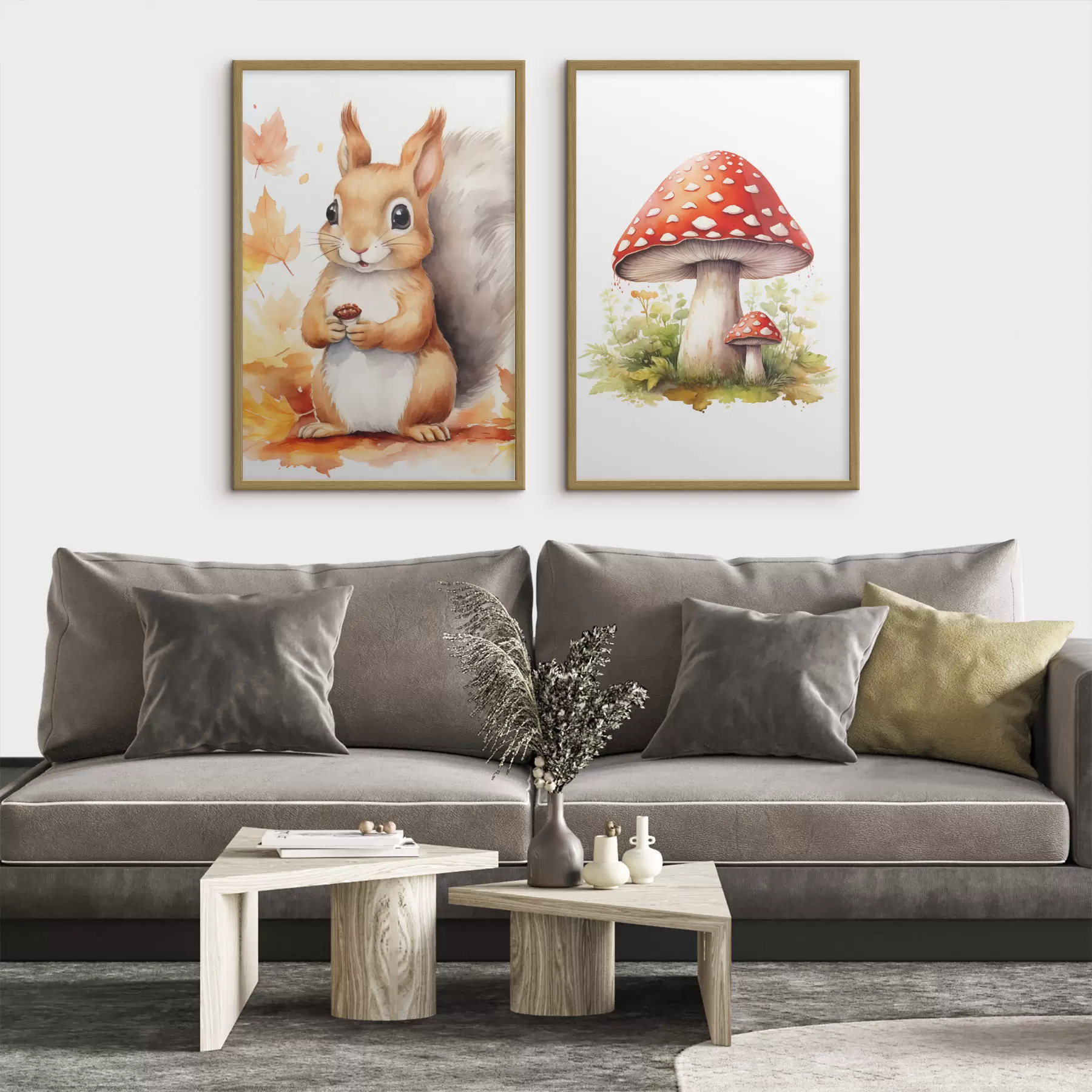 fotószőnyeg Mókus és erdei gomba, légygomba, imitált akvarell d01049