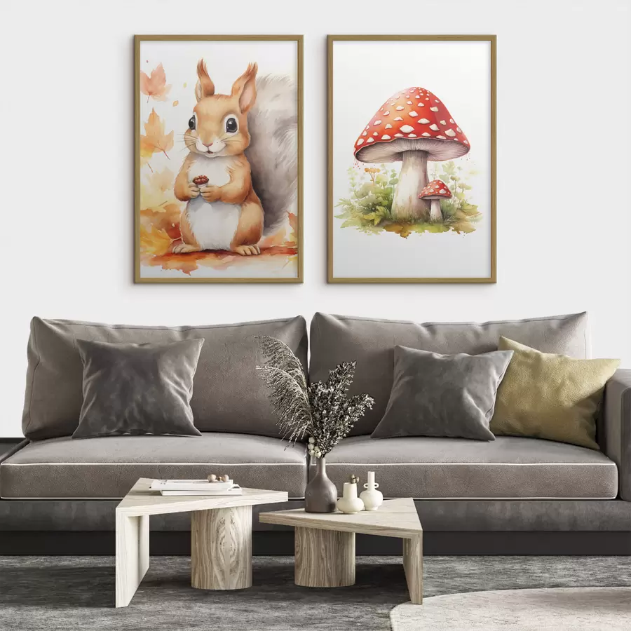 fotószőnyeg Mókus és erdei gomba, légygomba, imitált akvarell d01049