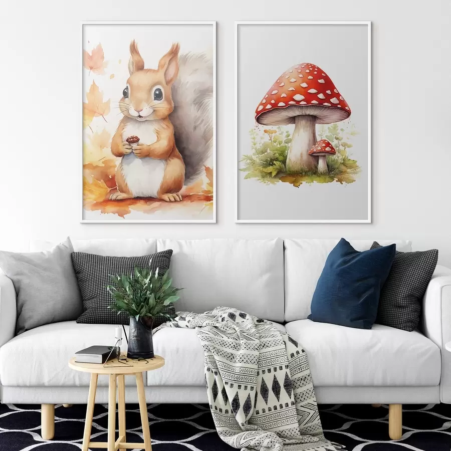 fotószőnyeg Mókus és erdei gomba, légygomba, imitált akvarell d01049