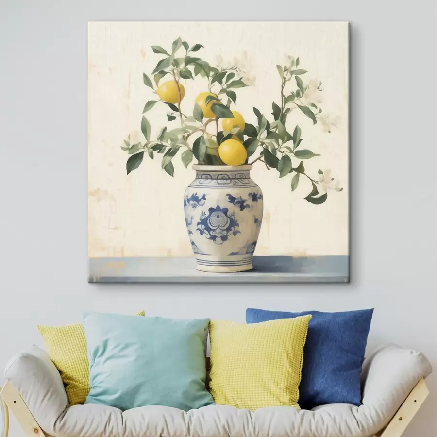 fotótapéta Citromok kék-fehér kerámia vázában, olajfestmény stílusban s46924