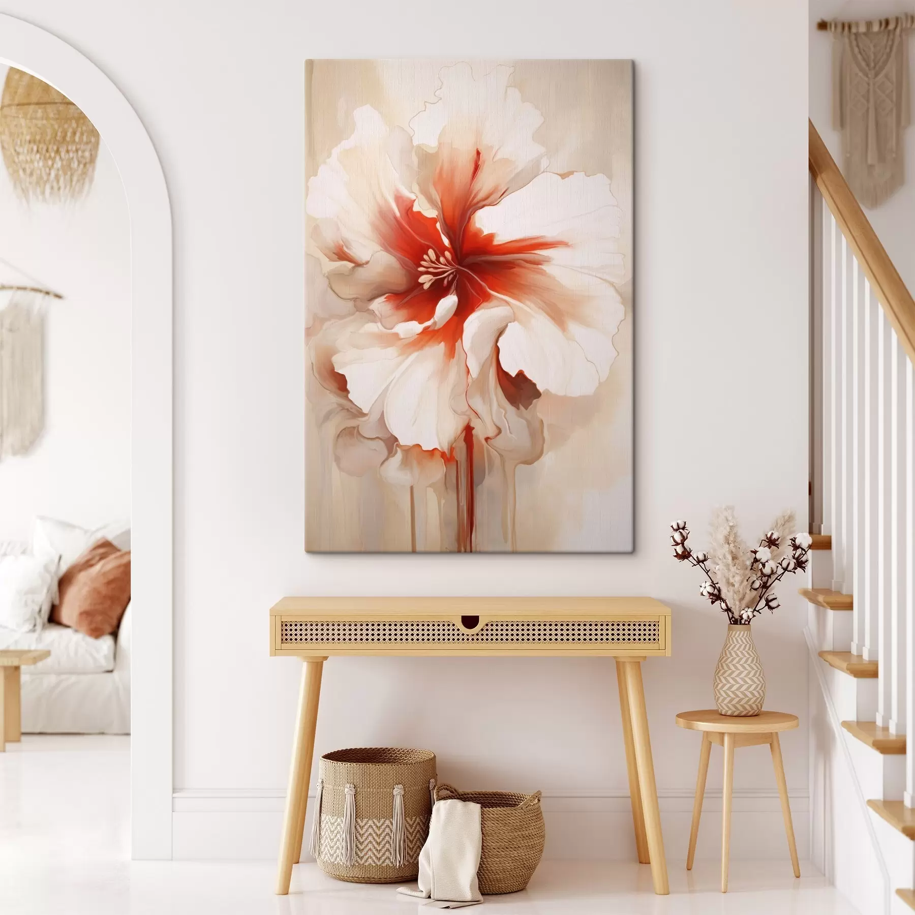 fotótapéta Közelkép egy fehér és piros virágról, félig átlátszó szirmokkal és lecsöpögő festékcseppekkel s46941