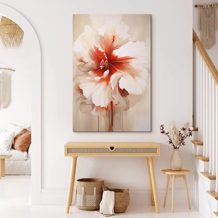 fotótapéta Közelkép egy fehér és piros virágról, félig átlátszó szirmokkal és lecsöpögő festékcseppekkel s46941