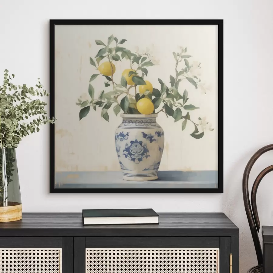 fotószőnyeg Citromok kék-fehér kerámia vázában, olajfestmény stílusban f46924