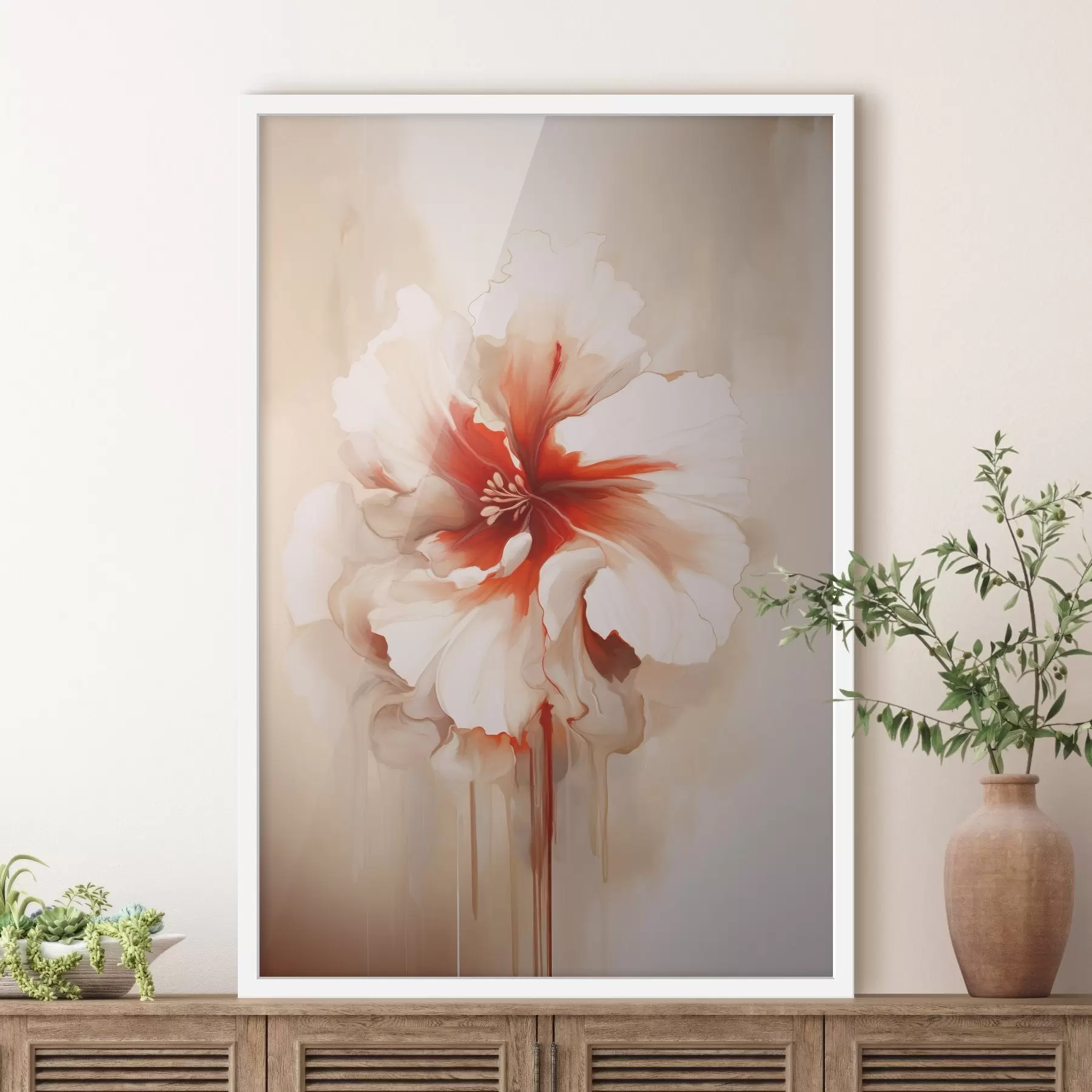 fotószőnyeg Fehér és piros virág, félig átlátszó szirmokkal és lecsöpögő festékcseppekkel f46940