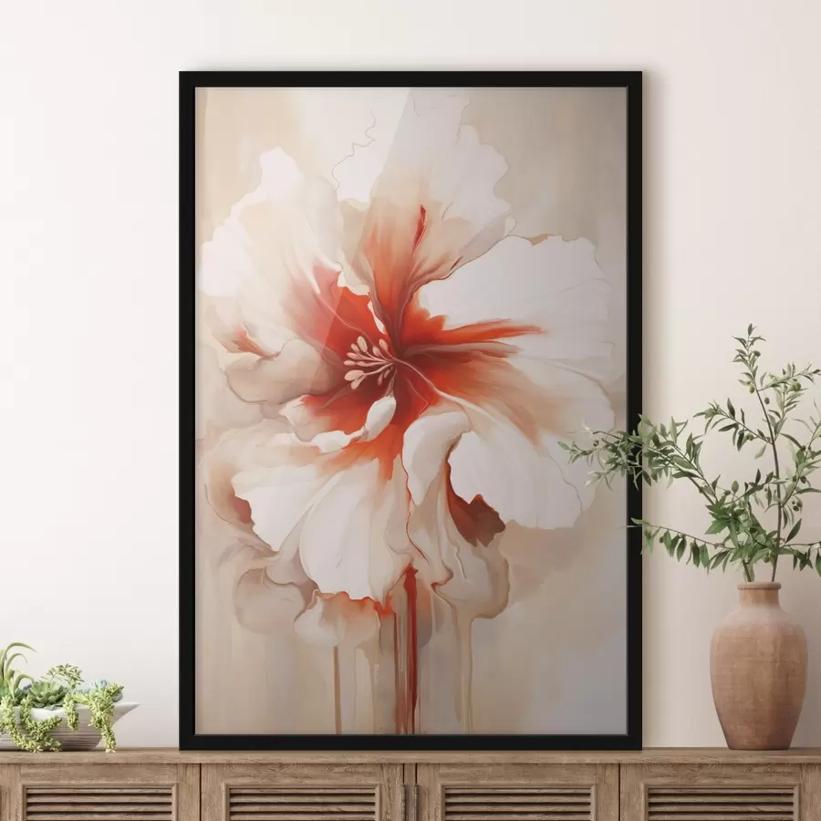 fotószőnyeg Közelkép egy fehér és piros virágról, félig átlátszó szirmokkal és lecsöpögő festékcseppekkel f46941