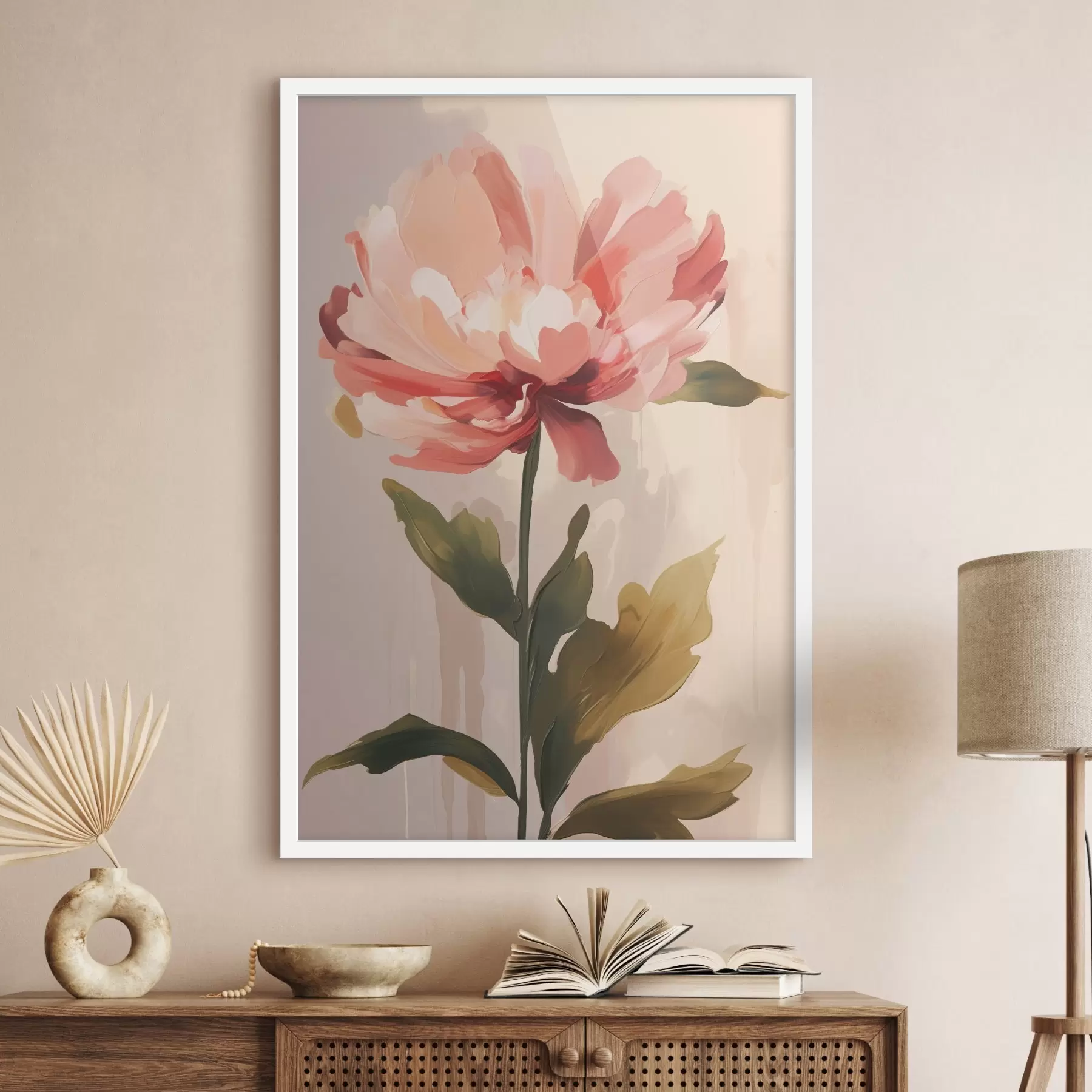 fotószőnyeg Korallrózsaszín szirmú pünkösdi rózsa modern művészeti illusztrációs stílusban f46948