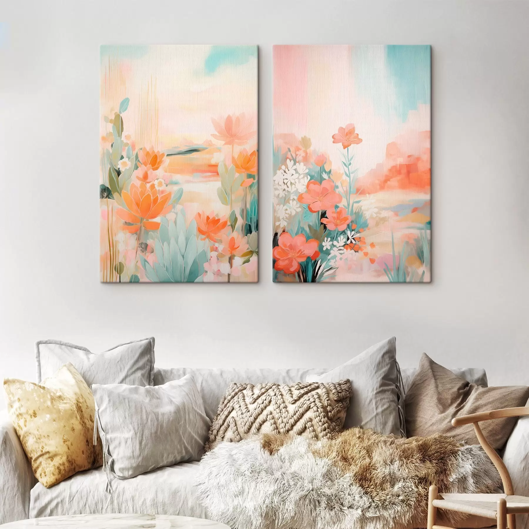 fotótapéta Pasztell tónusú virágmotívumok egy könnyű ködös völgy hátterében m01085