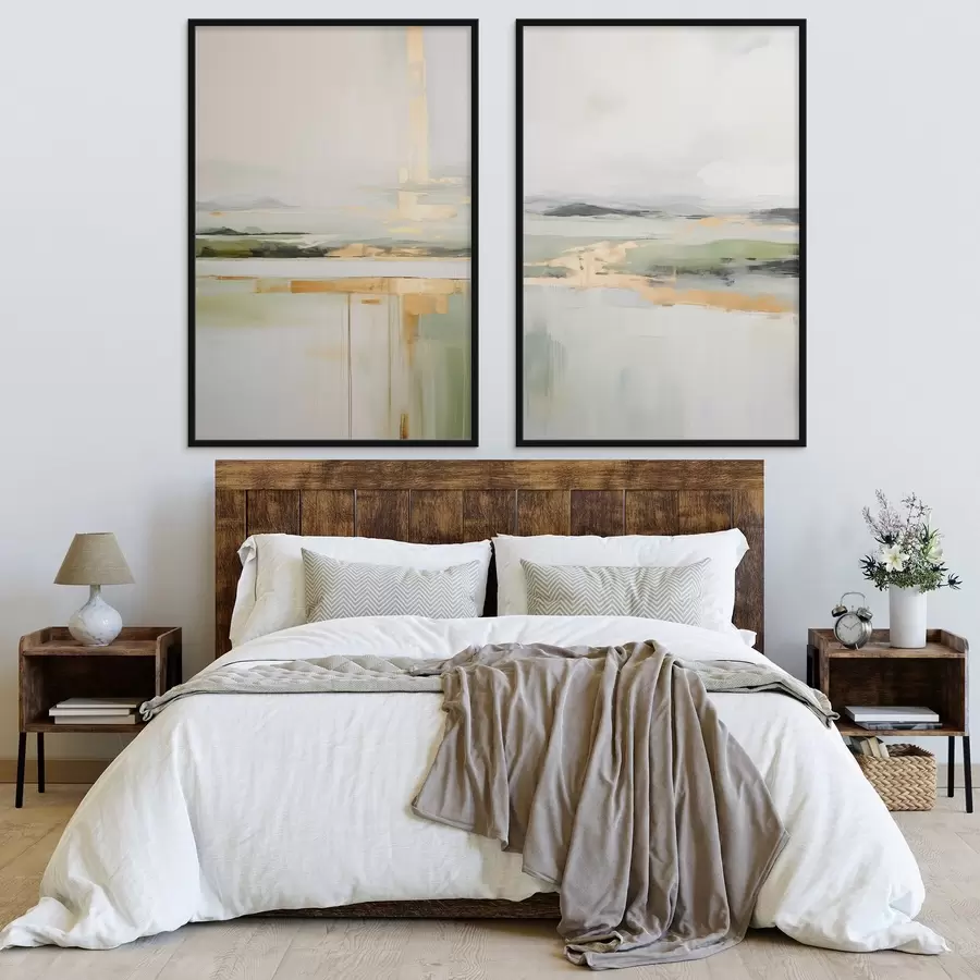 fotószőnyeg Absztrakt táj sárga akcentussal, minimalista kompozíció földből, vízből és égből, tompított színekkel d00877