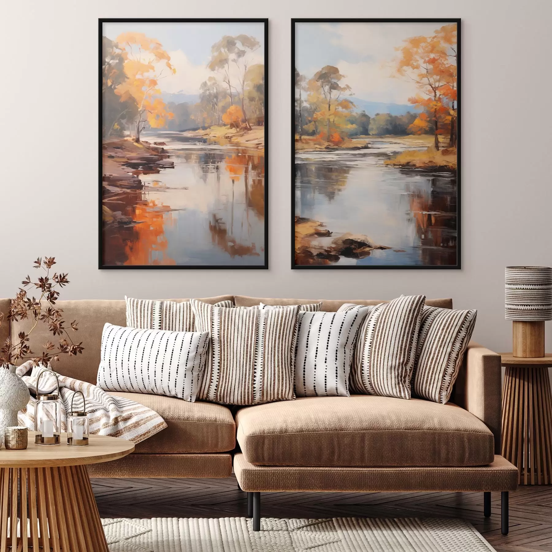 fotószőnyeg Őszi táj, folyó fákkal a partján, erdő a háttérben, tükröződések a vízen d00883