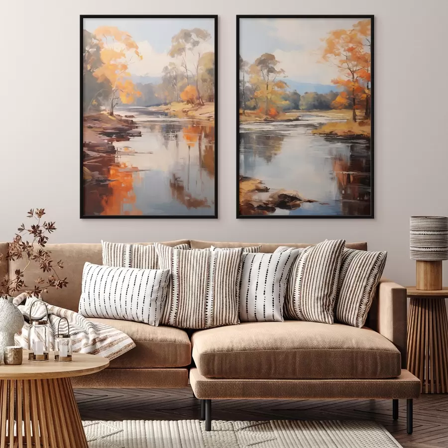 fotószőnyeg Őszi táj, folyó fákkal a partján, erdő a háttérben, tükröződések a vízen d00883