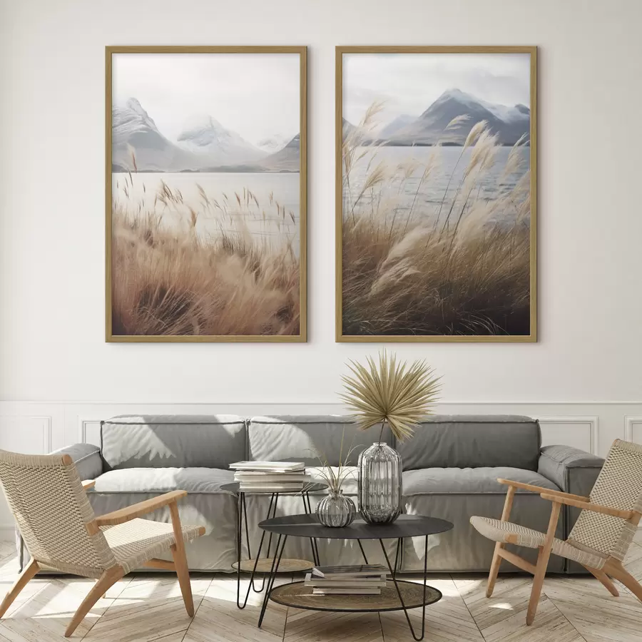 fotószőnyeg Pampas fű, háttérben tóval és hegyekkel, lágy megvilágítás, tompított színek, naturalisztikus stílus d00884