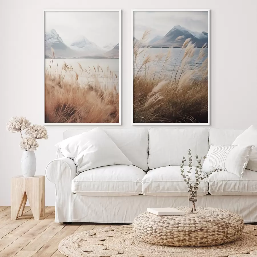 fotószőnyeg Pampas fű, háttérben tóval és hegyekkel, lágy megvilágítás, tompított színek, naturalisztikus stílus d00884