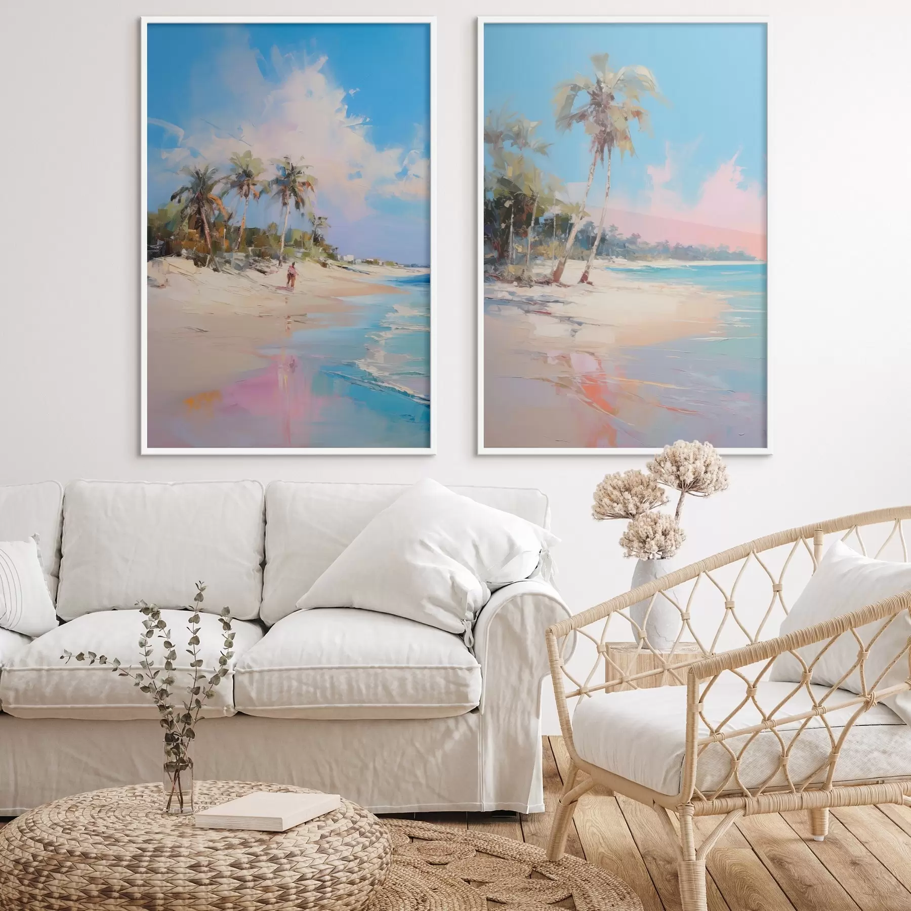 fotószőnyeg Absztrakt táj, pálmafákkal teli strand, ragyogó napsütéses nap kék éggel és néhány felhővel d00885