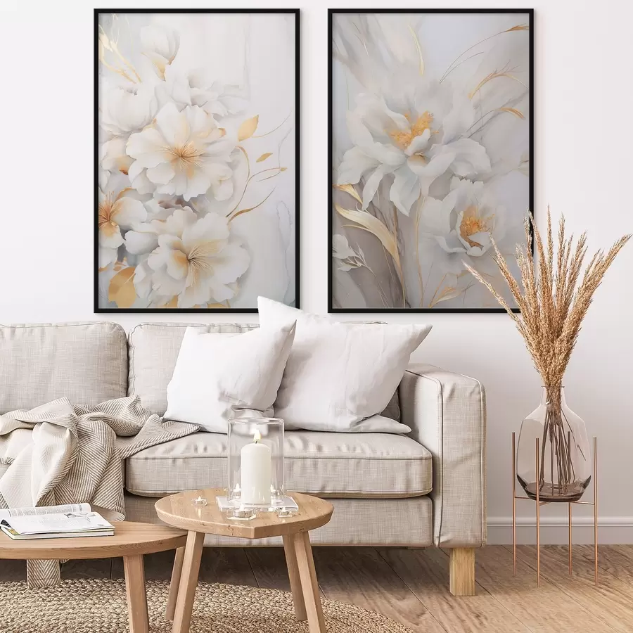 fotószőnyeg Fehér virágok sárga részletekkel, finom árnyékokkal ellátott szirmok, finom márványhatású világos háttér d00889