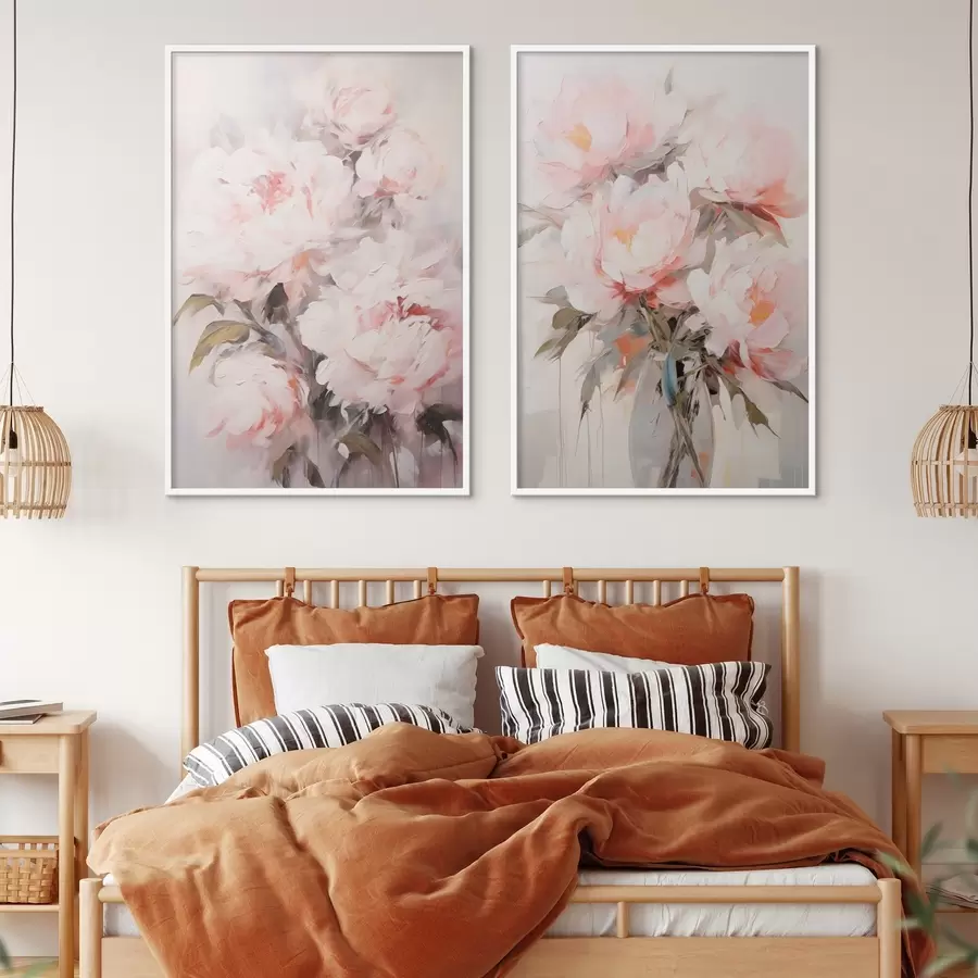 fotószőnyeg Világos rózsaszín pünkösdi rózsák csokor zöld levelekkel, lágy ecsetvonásokkal, pasztell színekkel, világos háttérrel d00890