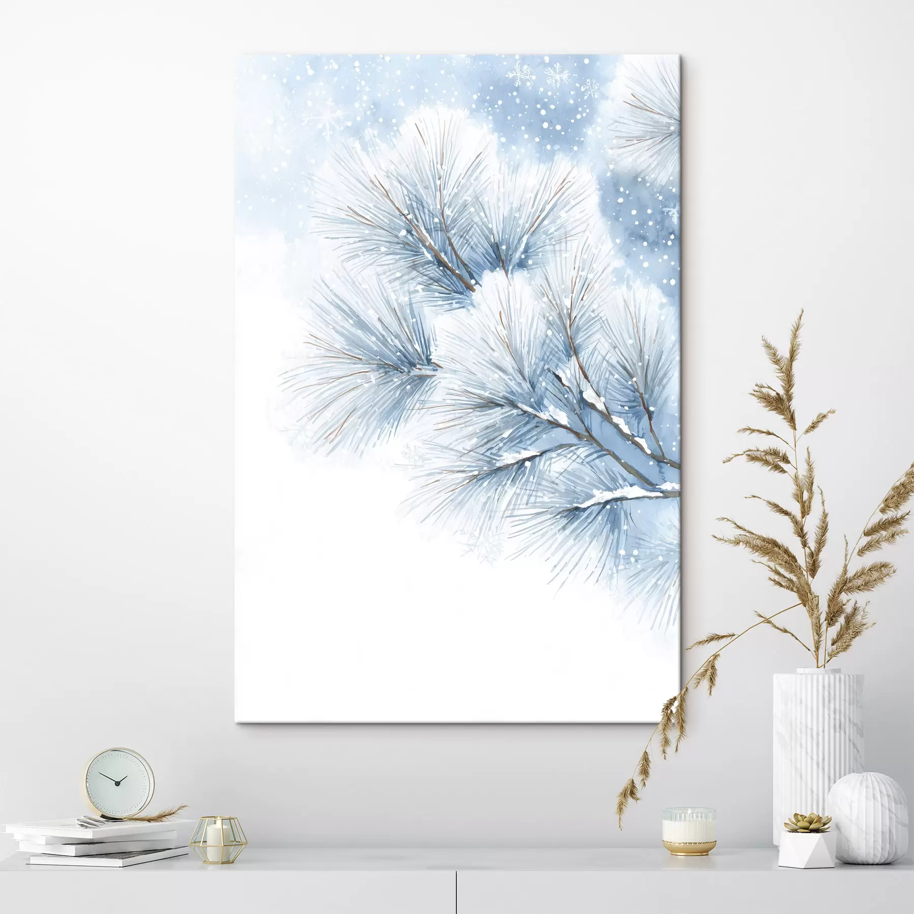 fotótapéta hóval borított fenyőág akvarell stílusban s47114