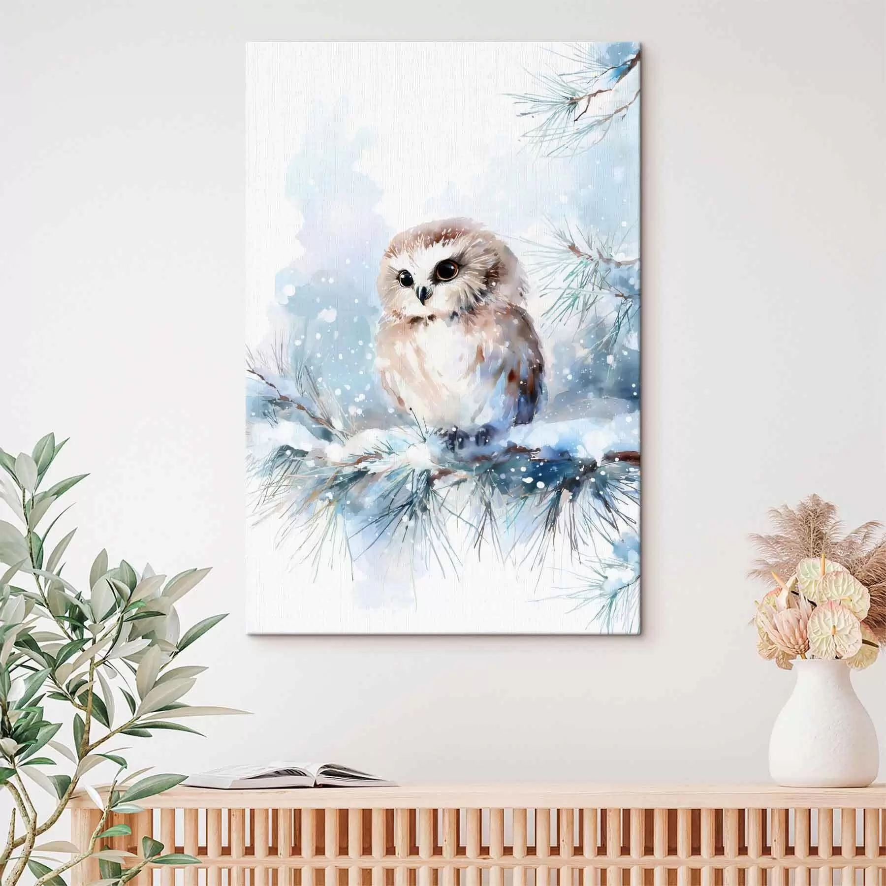 fotótapéta cuki bagoly egy hóval borított fenyőágon, akvarell stílusban s47115