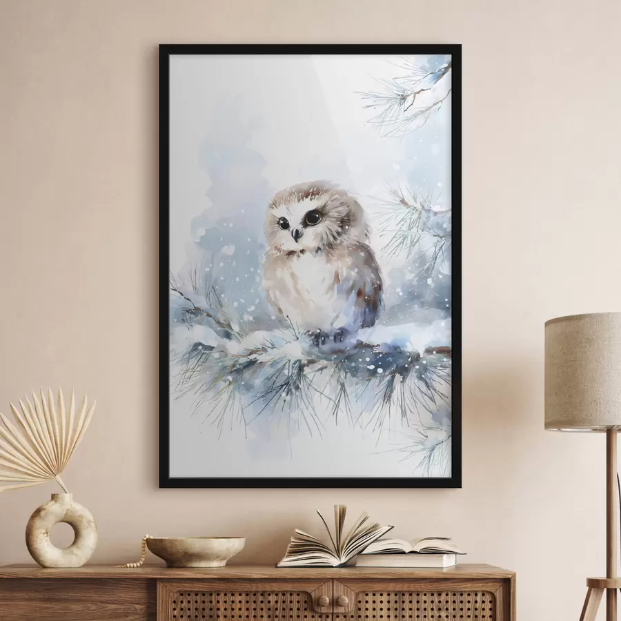 fotószőnyeg cuki bagoly egy hóval borított fenyőágon, akvarell stílusban f47115