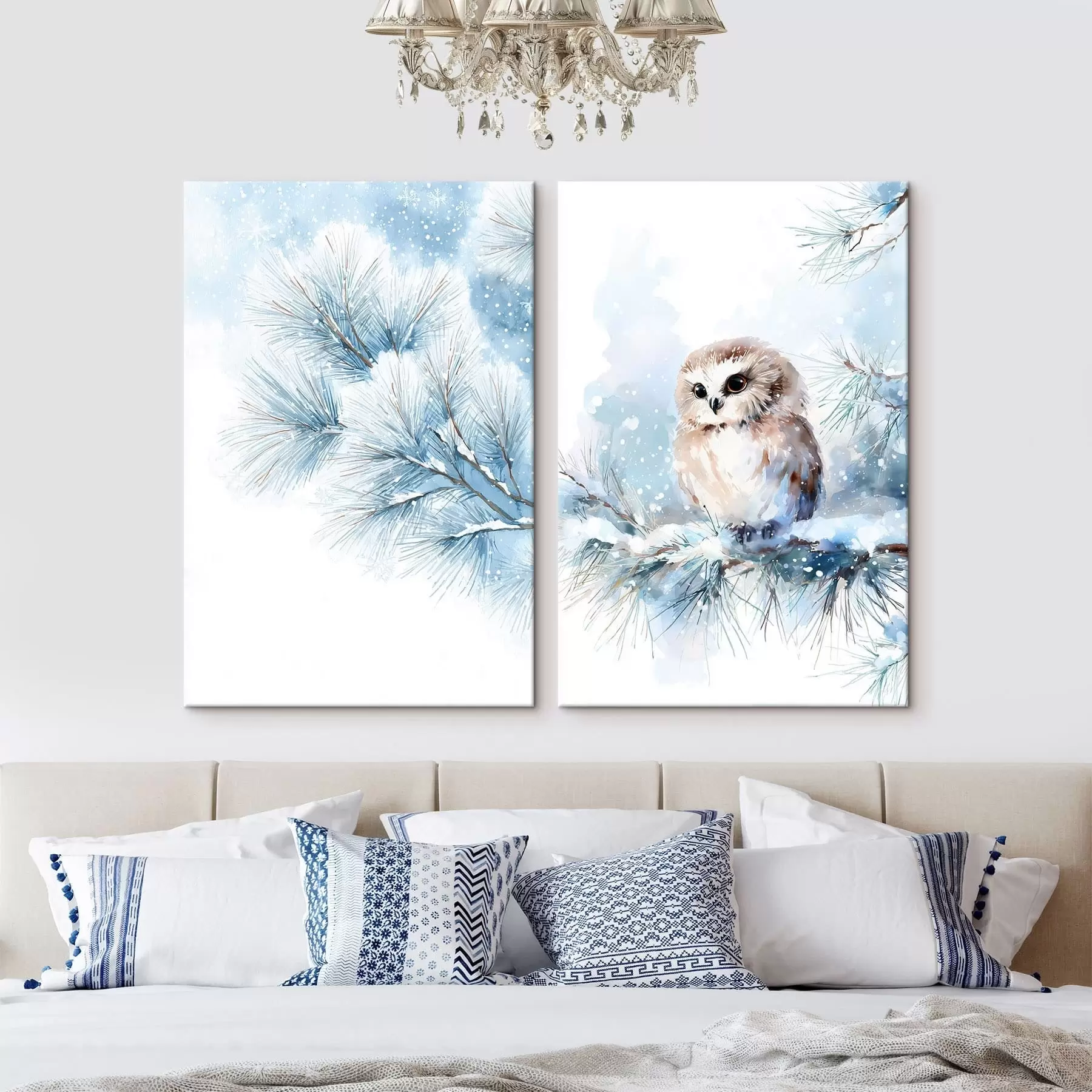 fotótapéta cuki bagoly egy hóval borított fenyőágon, akvarell stílusban m01168