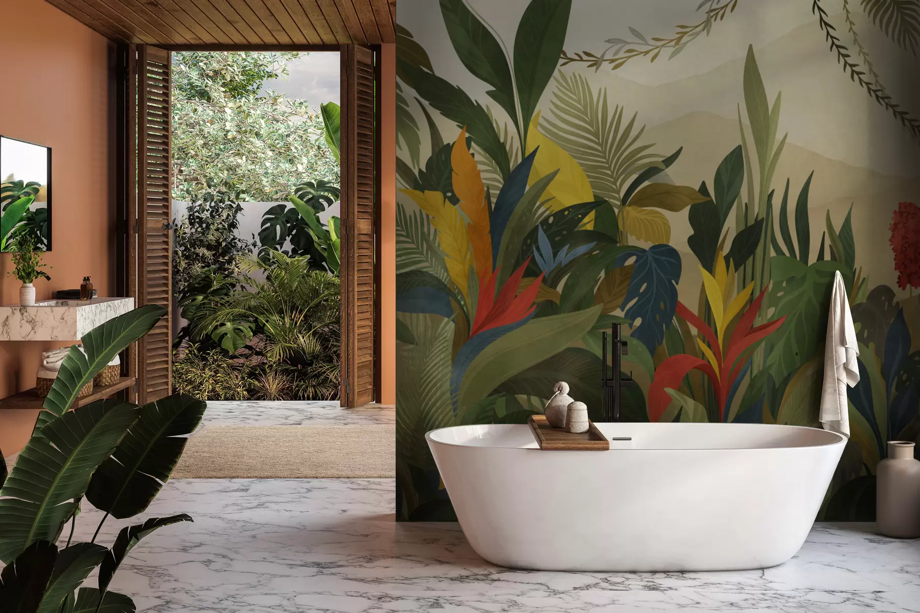 fotószőnyeg Trópusi lombozat nagy levelekkel és virágokkal w05019