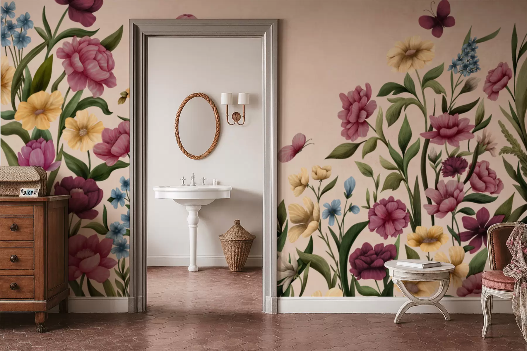 fotószőnyeg Virágkompozíció növényekkel és lepkékkel világos háttér előtt w05072