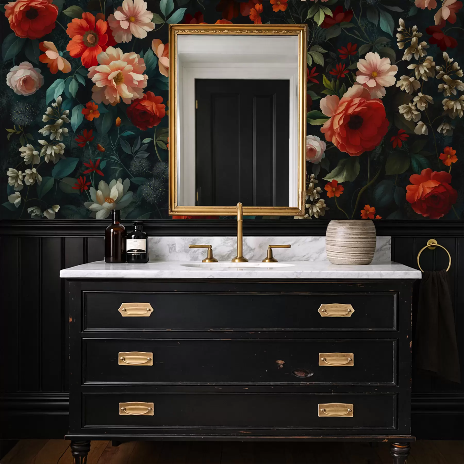 fotószőnyeg Sötét virágmintás, buja kerti virágokkal w05087