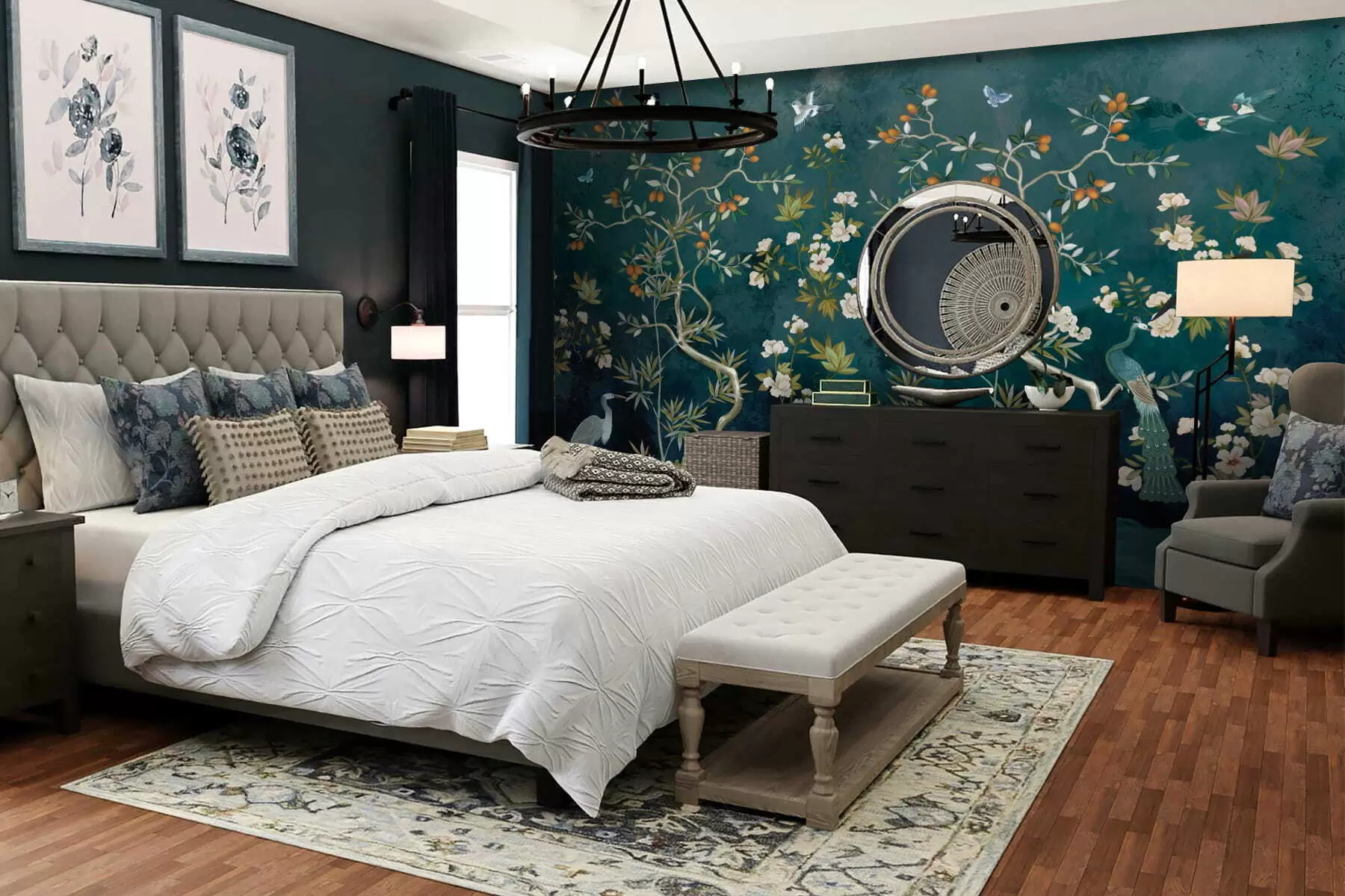 fotószőnyeg Dekoratív jelenet fákkal, virágokkal és madarakkal sötét háttér előtt w05004