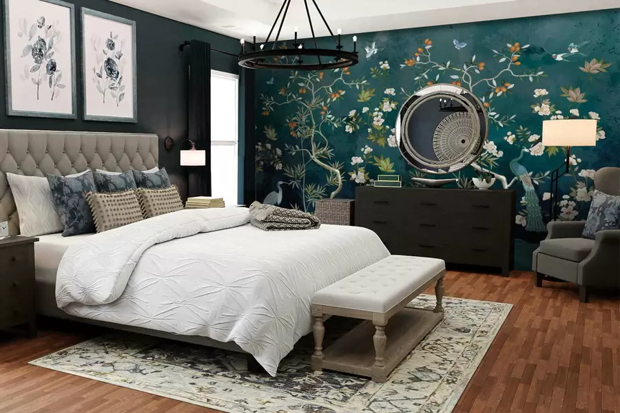 fotószőnyeg Dekoratív jelenet fákkal, virágokkal és madarakkal sötét háttér előtt w05004