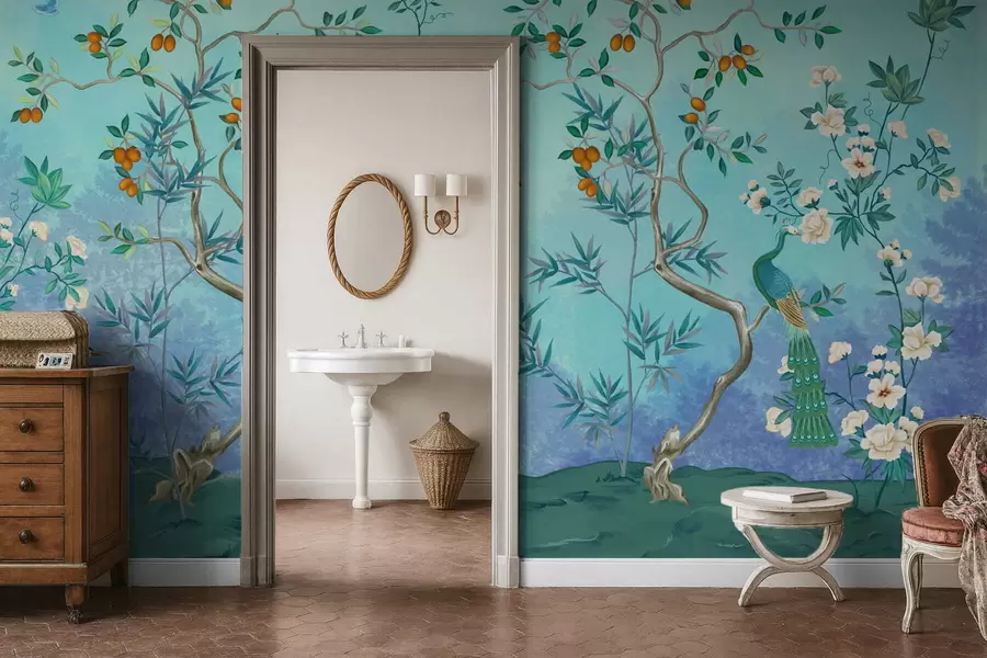 fotószőnyeg Jelenet fákkal, virágokkal és madarakkal, kék háttérrel w05004v2