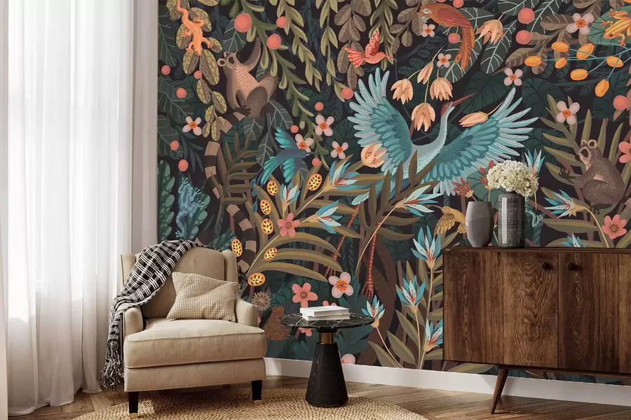 fotószőnyeg Fantázia jelenet madarakkal és állatokkal növények között w05024