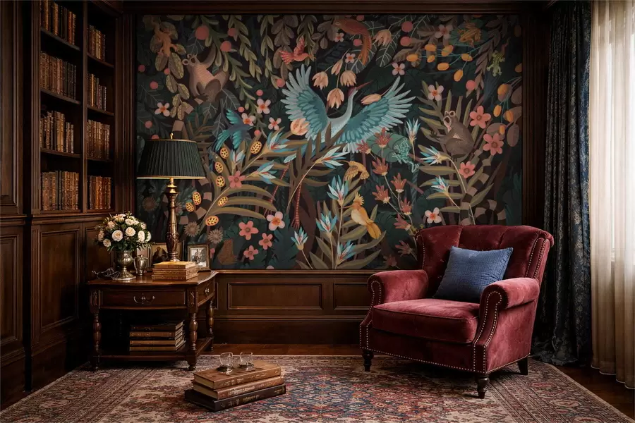 fotószőnyeg Fantázia jelenet madarakkal és állatokkal növények között w05024