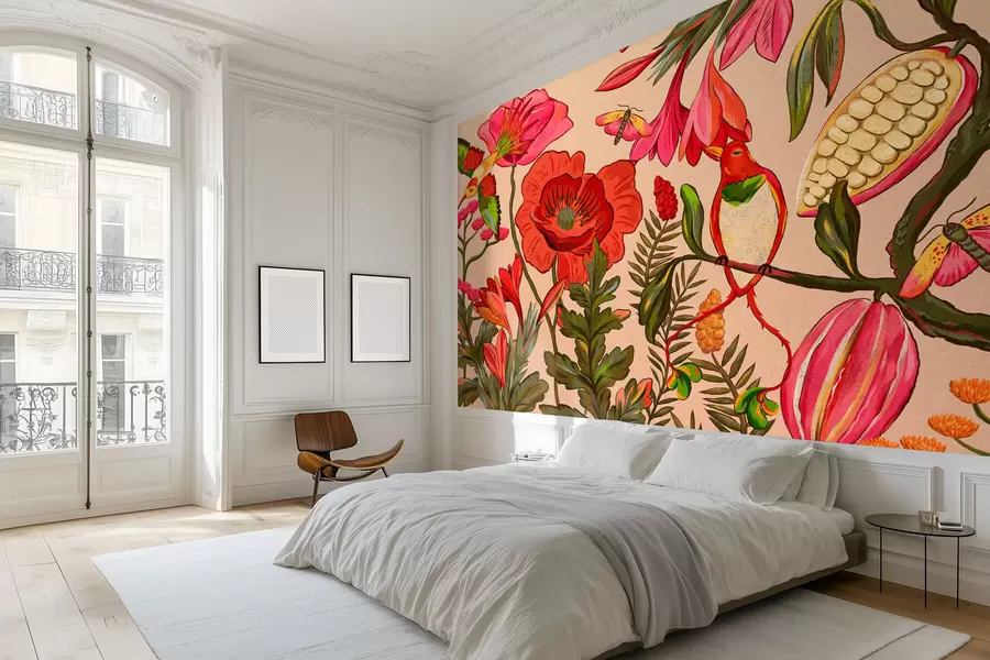 fotószőnyeg Dekoratív virágok és madarak bézs háttérrel w05036